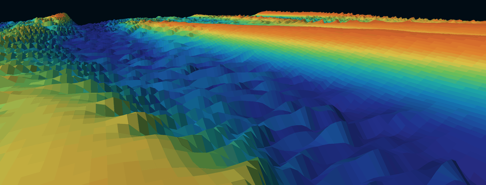 A stretch of the southern North Sea seabed rendered in perspective, sand banks running across the frame, coloured by depth from red in the shallows through green and blue to violet in the deeper water.